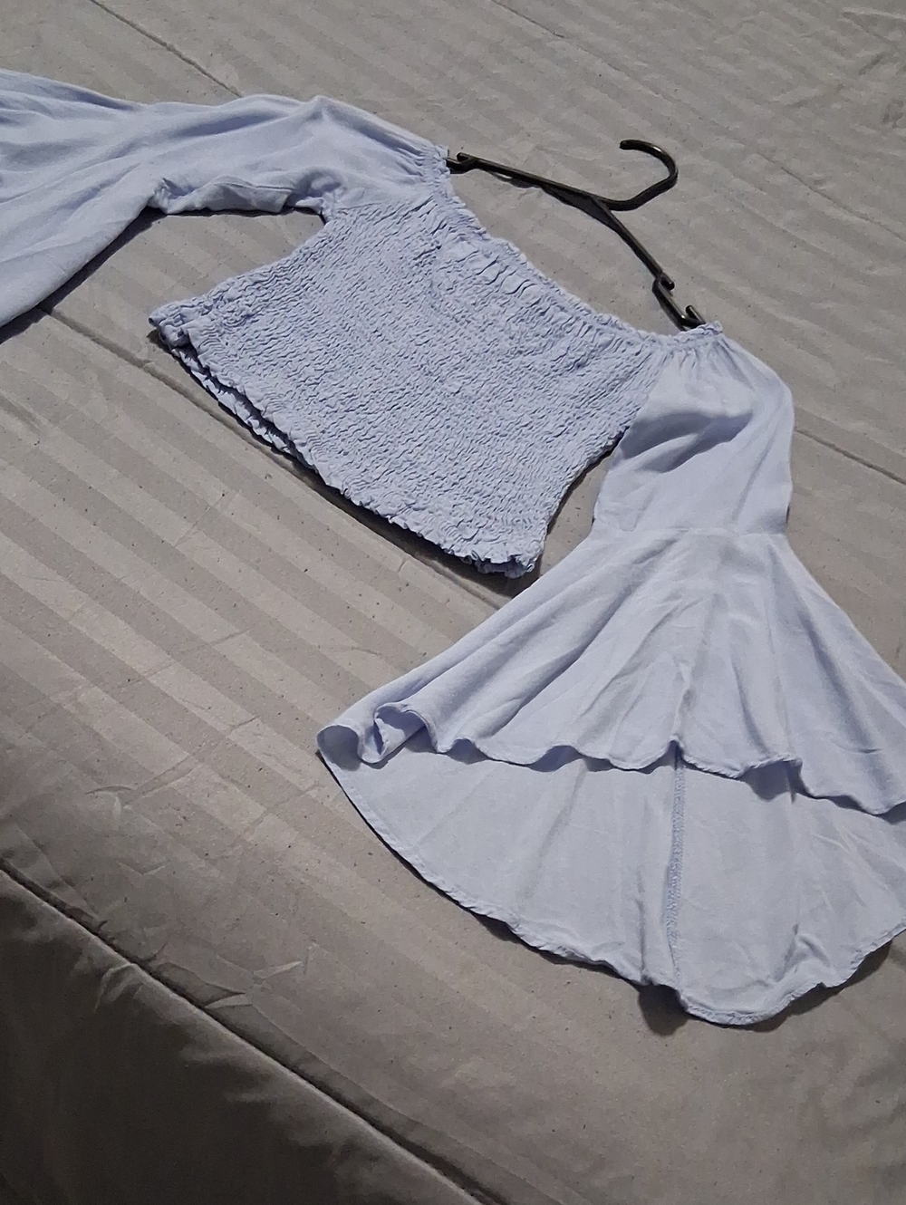 Light Blue Off-Shoulder Smocked Crop Top with Bell Sleeves